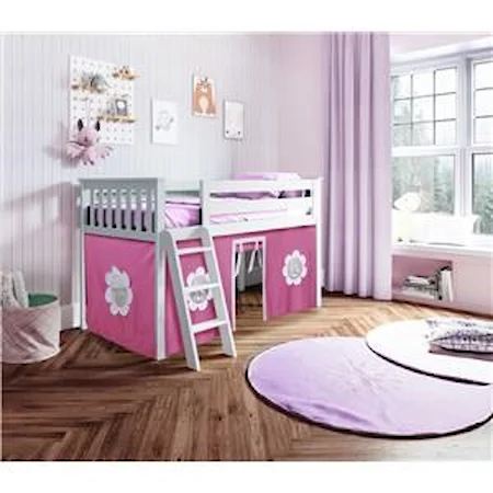 York 1 Low Loft Bed in White w/Angle Ladder w/Curtain in Hot Pink/White